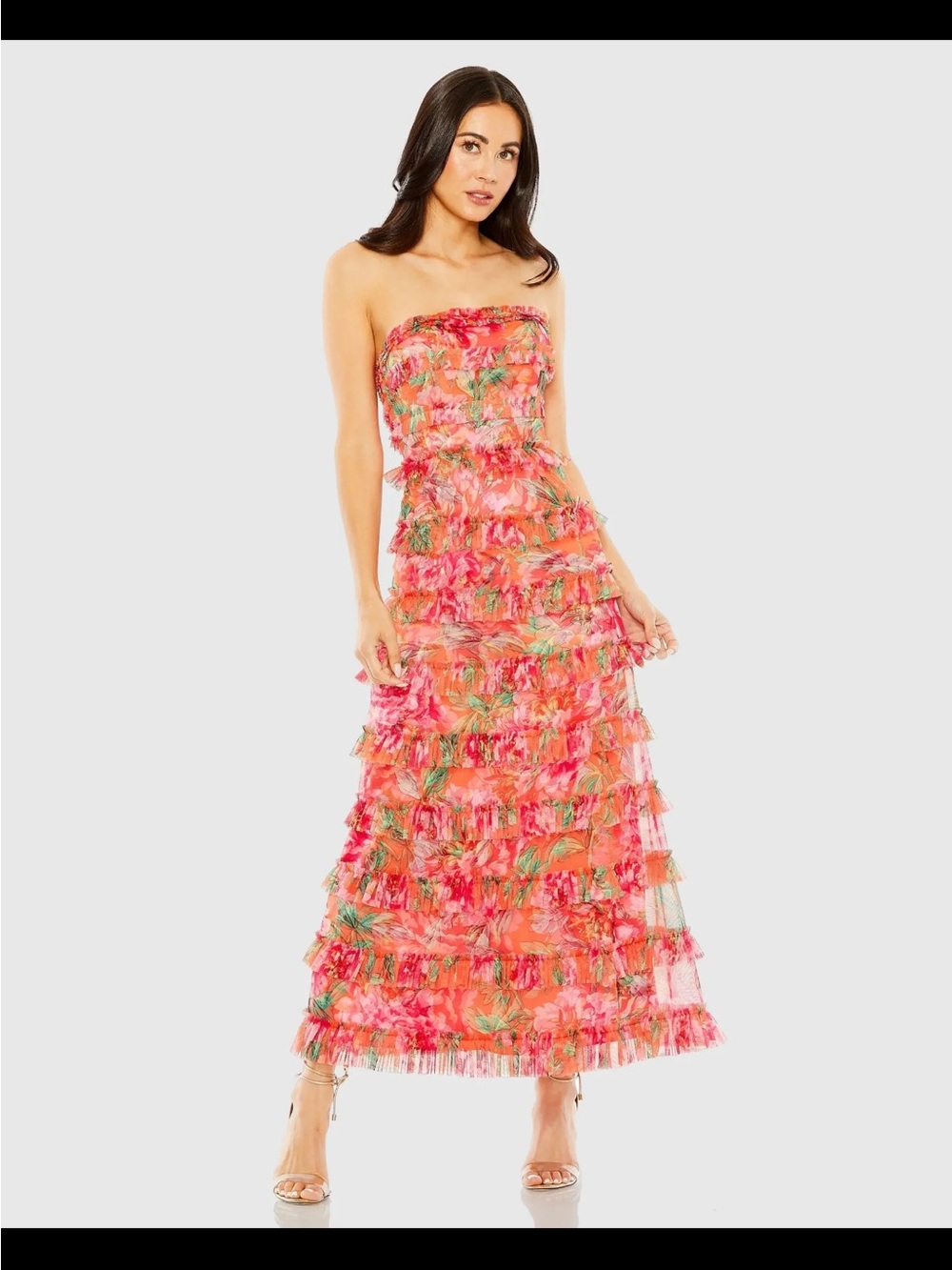 Strapless Pink Floral Tiered Maxi Dress